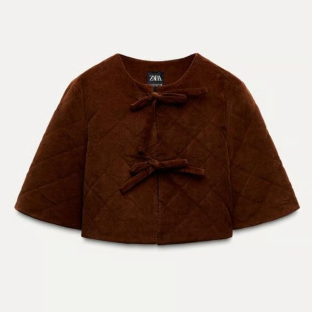 ZARA Warm Brown Quilted Short Sleeve Tie Front Puff Cropped Cardigan Jacket S